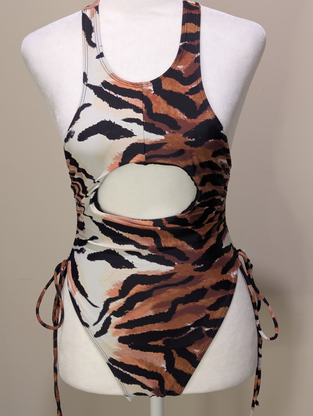 Icon Swim X  Tiger-Print Racer Back Cutout One-Piece Swimsuit - Black and Brown